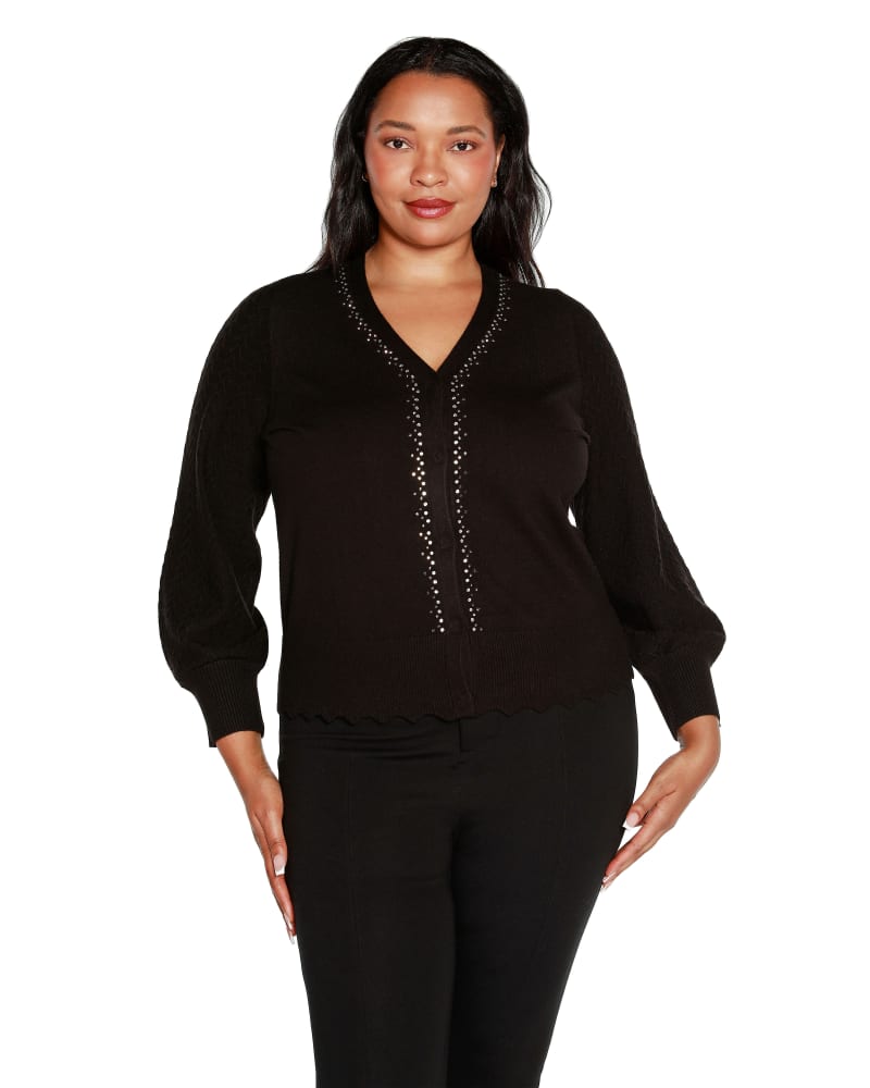 Front of a model wearing a size 2X Rhinestone Embellished Cardigan in Black by Belldini Black Label. | dia_product_style_image_id:304774